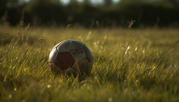 spelen voetbal Aan groen gras veld- succes gegenereerd door ai foto
