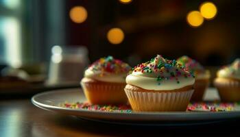 schattig cupcakes Aan bord, perfect voor viering gegenereerd door ai foto