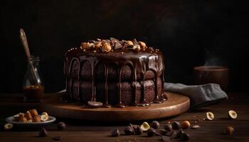 rustiek chocola taart Aan hout tafel, klaar naar eten toegeeflijkheid gegenereerd door ai foto