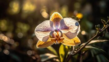 levendig roze mot orchidee bloesems in tropisch Woud gegenereerd door ai foto