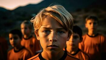 glimlachen jongens en meisjes spelen voetbal samen gegenereerd door ai foto