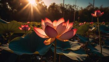 rustig lotus bloesem weerspiegelt levendig zonsondergang kleuren gegenereerd door ai foto