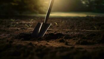 graven met tuinieren apparatuur, aanplant vers zaailingen gegenereerd door ai foto
