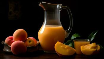 rijp citrus fruit Aan rustiek tafel, verfrissend drinken gegenereerd door ai foto