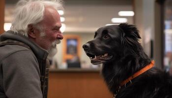 senior Mens en loyaal puppy delen geluk gegenereerd door ai foto