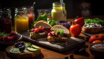 rustiek ciabatta belegd broodje met vers groenten en vlees gegenereerd door ai foto