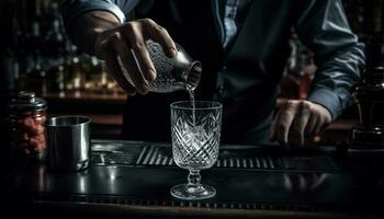 Kaukasisch barman gieten vers cocktail Bij elegant bar gegenereerd door ai foto