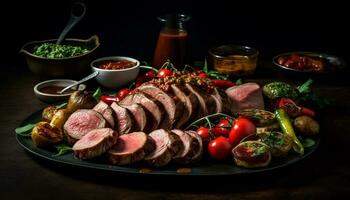 gegrild rundvlees steak Aan hout bord, fijnproever maaltijd gegenereerd door ai foto