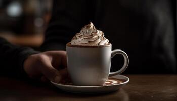 Kaukasisch barista Holding schuimig mokka Aan hout gegenereerd door ai foto