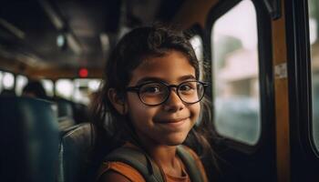 schattig meisje glimlachen Aan bus avontuur reis gegenereerd door ai foto