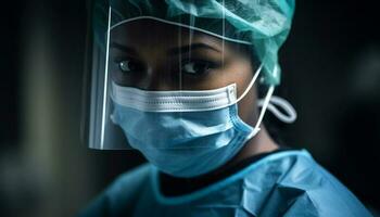 zelfverzekerd chirurg in scrubs en chirurgisch masker gegenereerd door ai foto