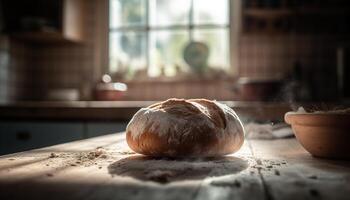 vers gebakken biologisch brood Aan rustiek houten tafel gegenereerd door ai foto