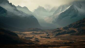 majestueus berg bereik, rustig weide, sereen zonsondergang gegenereerd door ai foto