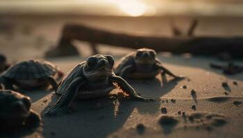 schattig schildpad kruipen Aan zanderig kustlijn, langzaam beweging gegenereerd door ai foto