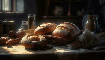 een rustiek mand van eigengemaakt brood, vers gegenereerd door ai foto