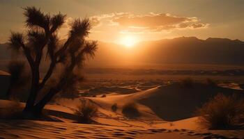 rustig zonsopkomst over- Afrikaanse zand duinen, adembenemend schoonheid gegenereerd door ai foto