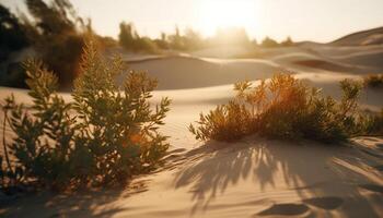 rustig zonsopkomst over- dor zand duinen, idyllisch schoonheid gegenereerd door ai foto