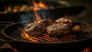 gegrild steak en varkensvlees, een zomer feest gegenereerd door ai foto