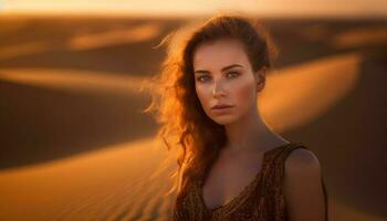 mooi jong vrouw glimlacht in zomer zonlicht gegenereerd door ai foto