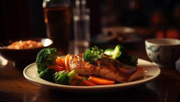 gegrild zeevruchten filet en broccoli Aan bord gegenereerd door ai foto