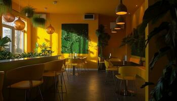 comfortabel dining kamer met elegant verlichting en natuur geïnspireerd decor gegenereerd door ai foto