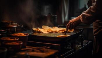 chef hand- ambachten rustiek brood Aan fornuis gegenereerd door ai foto