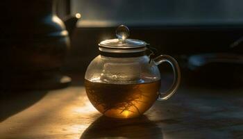 heet thee in glas kruik, oud fashioned verfrissing gegenereerd door ai foto