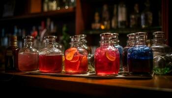 whisky fles Aan hout tafel in bar gegenereerd door ai foto