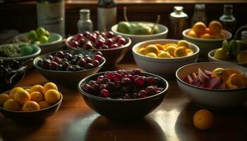 vers biologisch fruit kom Aan rustiek houten tafel gegenereerd door ai foto