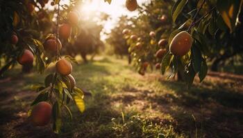 rijp fruit Aan tak, een overvloedig oogst gegenereerd door ai foto