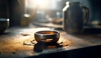 oud fashioned keuken uitrusting metaal, hout, en pottenbakkerij gegenereerd door ai foto