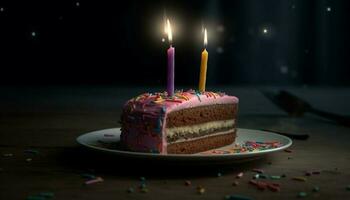 verjaardag viering met taart, kaarsen, en confetti gegenereerd door ai foto
