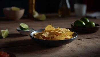 vers guacamole Aan houten tafel met tortilla chips gegenereerd door ai foto