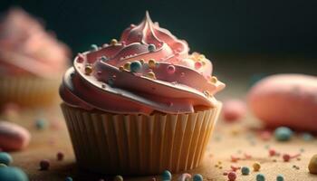 schattig eigengemaakt cupcakes met roze suikerglazuur decoratie gegenereerd door ai foto