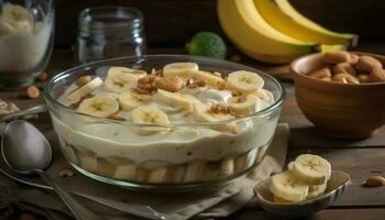 vers biologisch fruit kom met muesli en yoghurt gegenereerd door ai foto