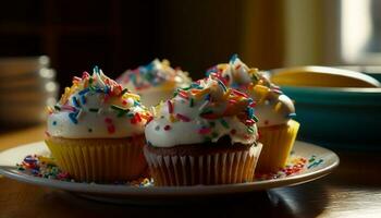 schattig eigengemaakt cupcakes met roze suikerglazuur decoratie gegenereerd door ai foto