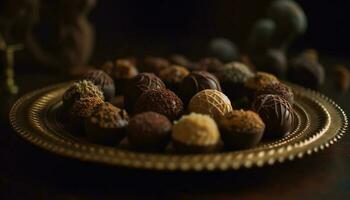 toegeeflijk chocola truffel gebied, een fijnproever geschenk gegenereerd door ai foto