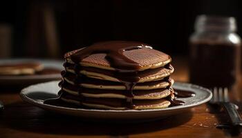 stack van eigengemaakt pannekoeken met chocola siroop gegenereerd door ai foto