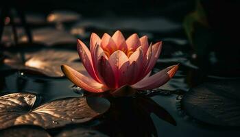 een single lotus bloem drijft Aan water gegenereerd door ai foto