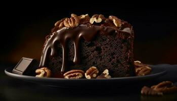 een decadent plak van eigengemaakt chocola taart gegenereerd door ai foto