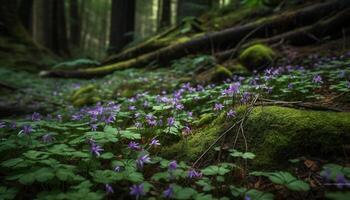 rustig tafereel vers bloemen bloeien in Woud gegenereerd door ai foto