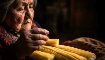 glimlachen senior vrouw breit, kookt eigengemaakt pasta gegenereerd door ai foto