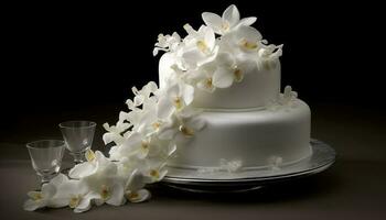 elegant bruiloft taart met chocola suikerglazuur en bloemen gegenereerd door ai foto