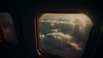 op zoek door venster, hoog omhoog in stratosfeer, bovenstaand pluizig wolken gegenereerd door ai foto