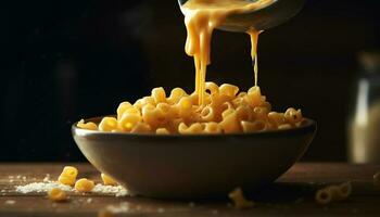 gezond vegetarisch pasta maaltijd Aan rustiek houten tafel met vers ingrediënten gegenereerd door ai foto