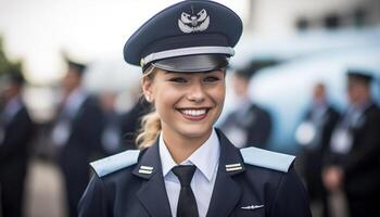 zelfverzekerd jong Dames in uniform, lachend, op zoek Bij camera gegenereerd door ai foto