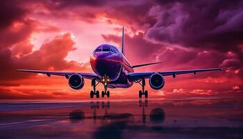 vliegend reclame vliegtuig nemen uit Bij zonsondergang met blauw lucht gegenereerd door ai foto