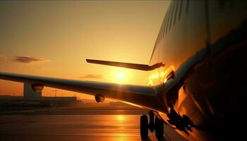 silhouet van reclame vliegtuig terug lit door oranje zonsondergang lucht gegenereerd door ai foto