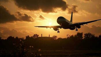 vliegend reclame vliegtuig Bij zonsondergang, nemen uit in de oranje lucht gegenereerd door ai foto