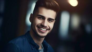 glimlachen jong volwassen mannen uitstralen vertrouwen en geluk in portret gegenereerd door ai foto